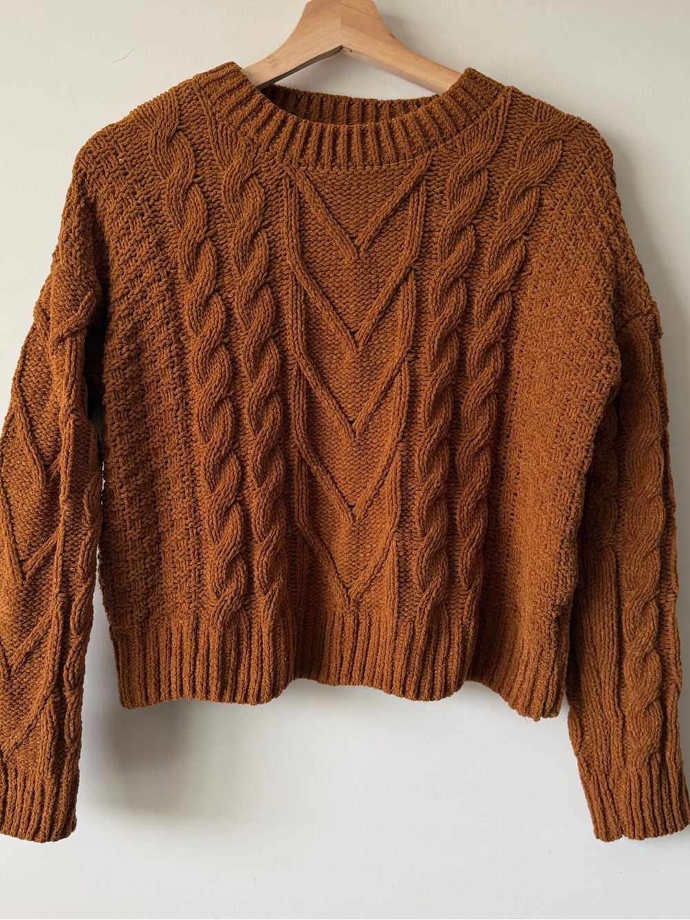 Pink Rose Cable Knit Crew Sweater in Rust